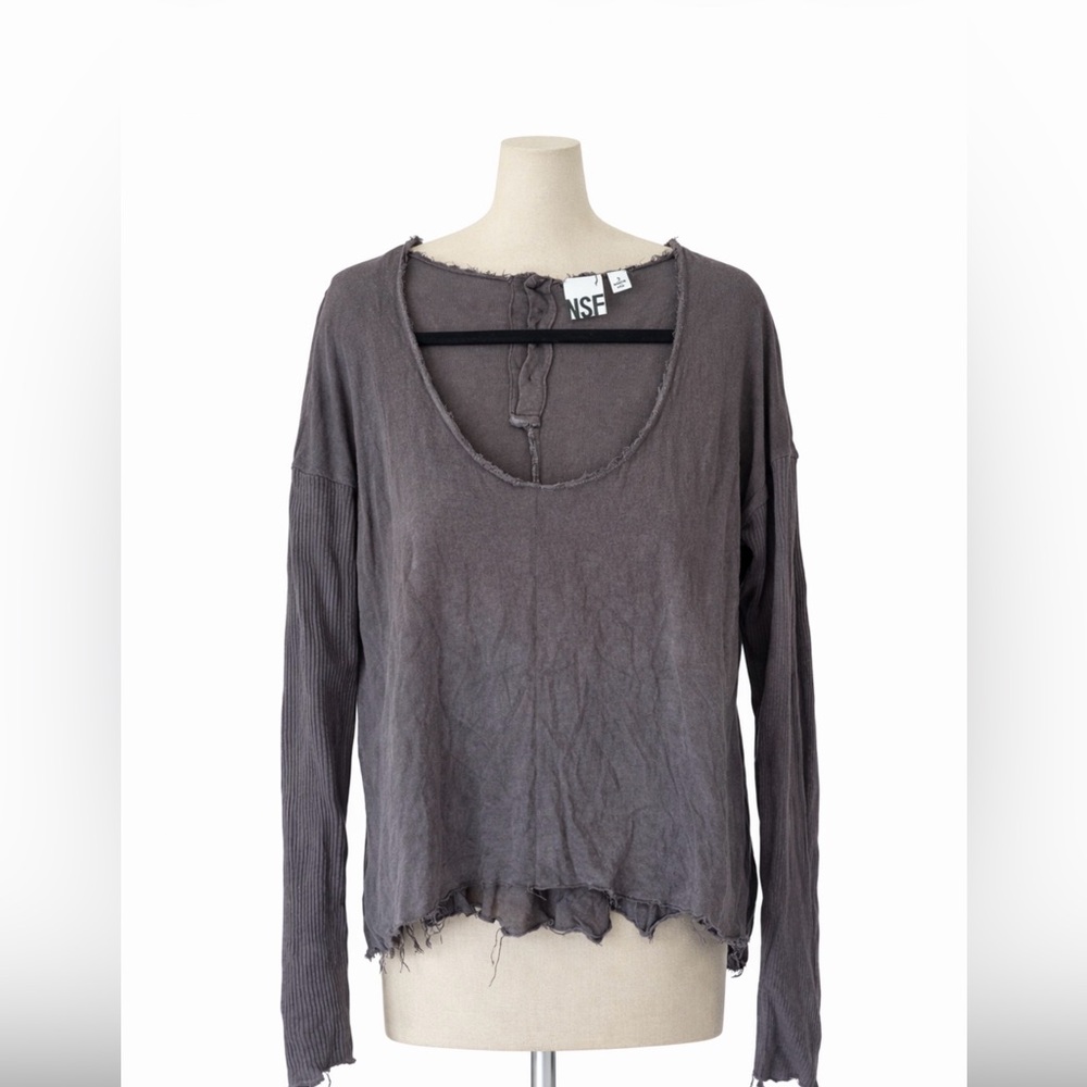 NSF Distressed Gray Long Sleeve Top Raw Edge Scoop Neck Boho Grunge Size S USA